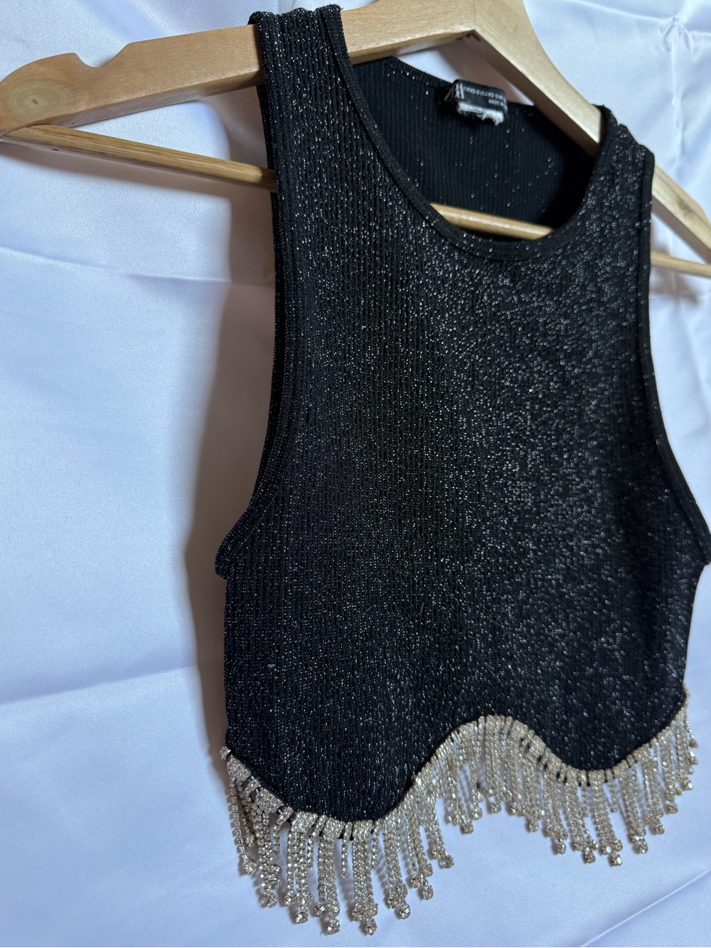 Zara Black Shimmer Knit Crop Top with Gold Beaded Fringe